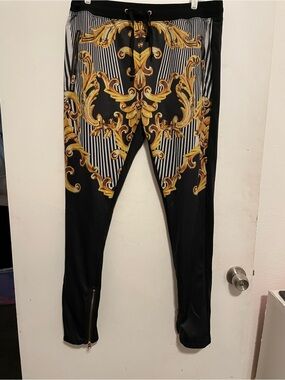 Black Jogger Pants with Ornate Gold Baroque Print